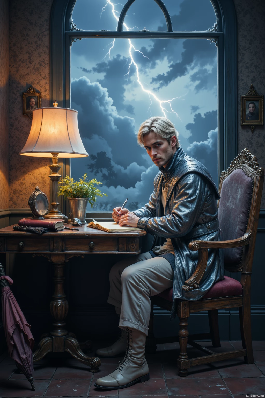 A man sits at a desk in a dimly lit room, writing in a notebook under a lamp, with a stormy sky visible through the window behind him.