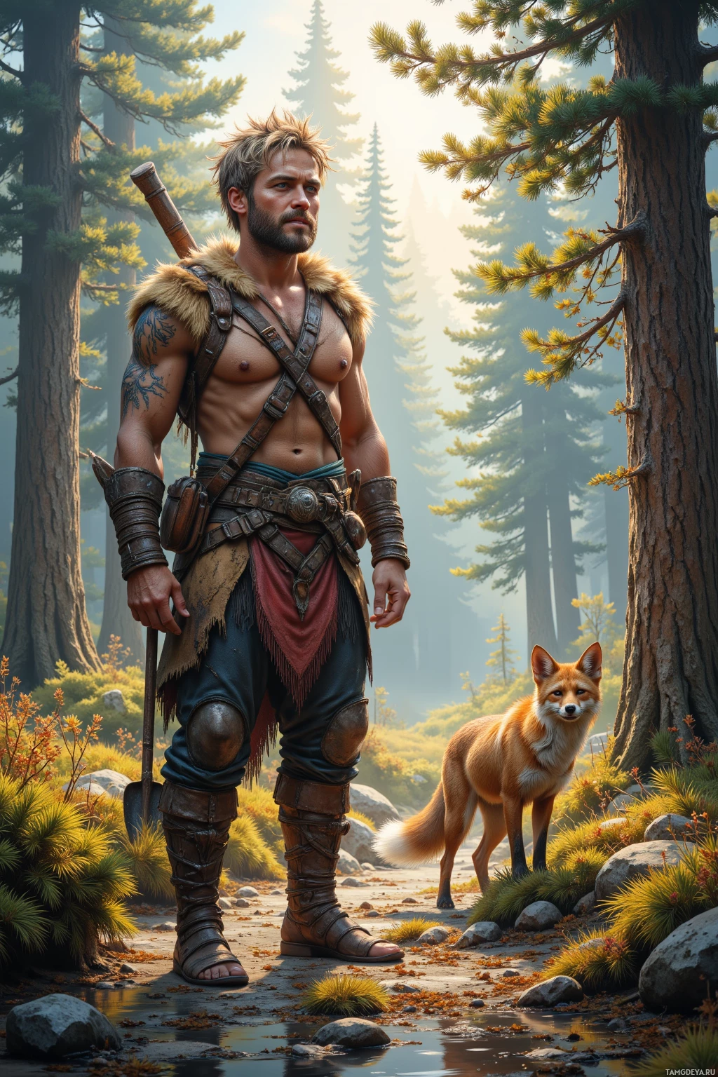 A rugged man in a forest setting with a fox nearby.