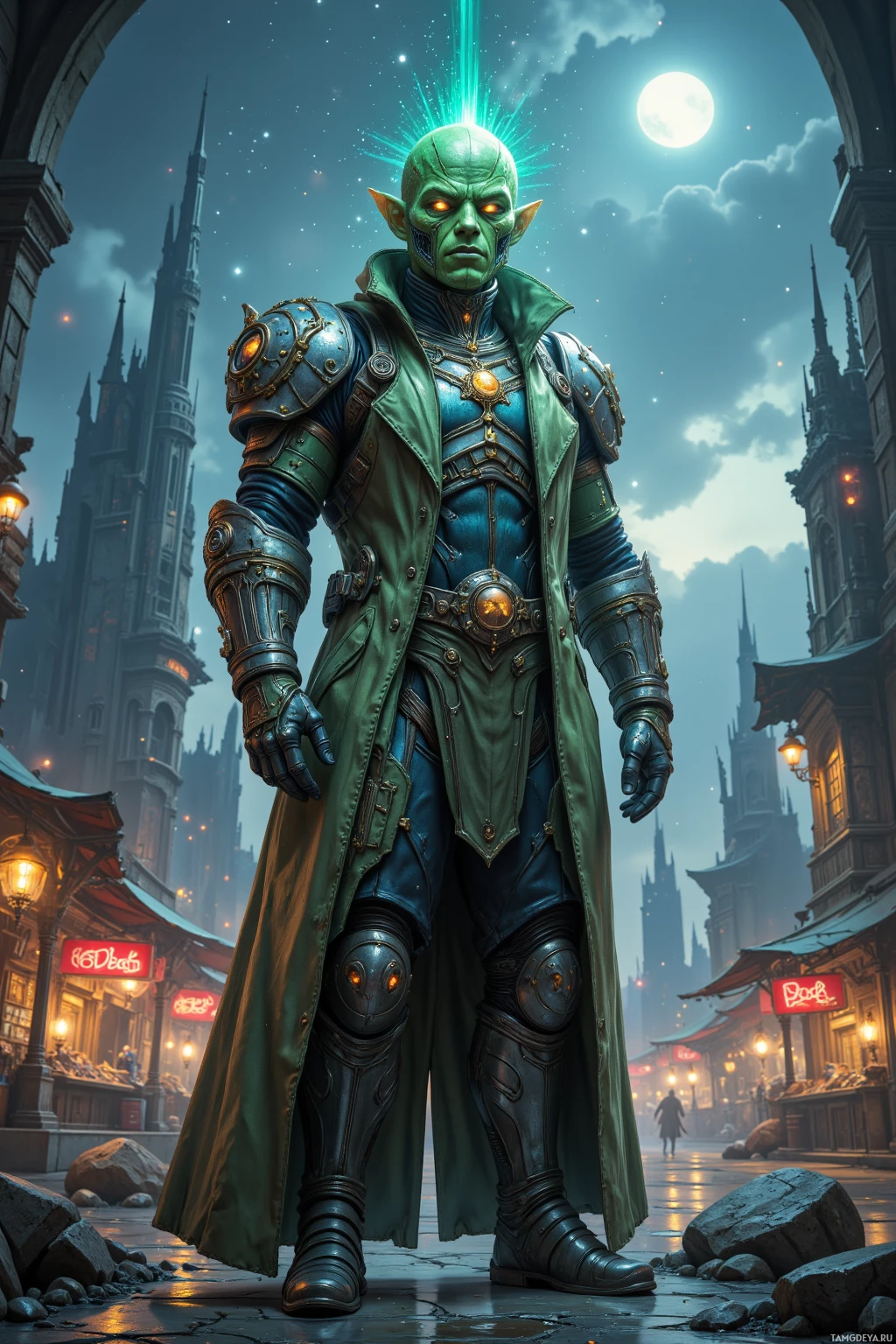 A green-skinned character in ornate armor stands in a medieval cityscape under a moonlit sky.