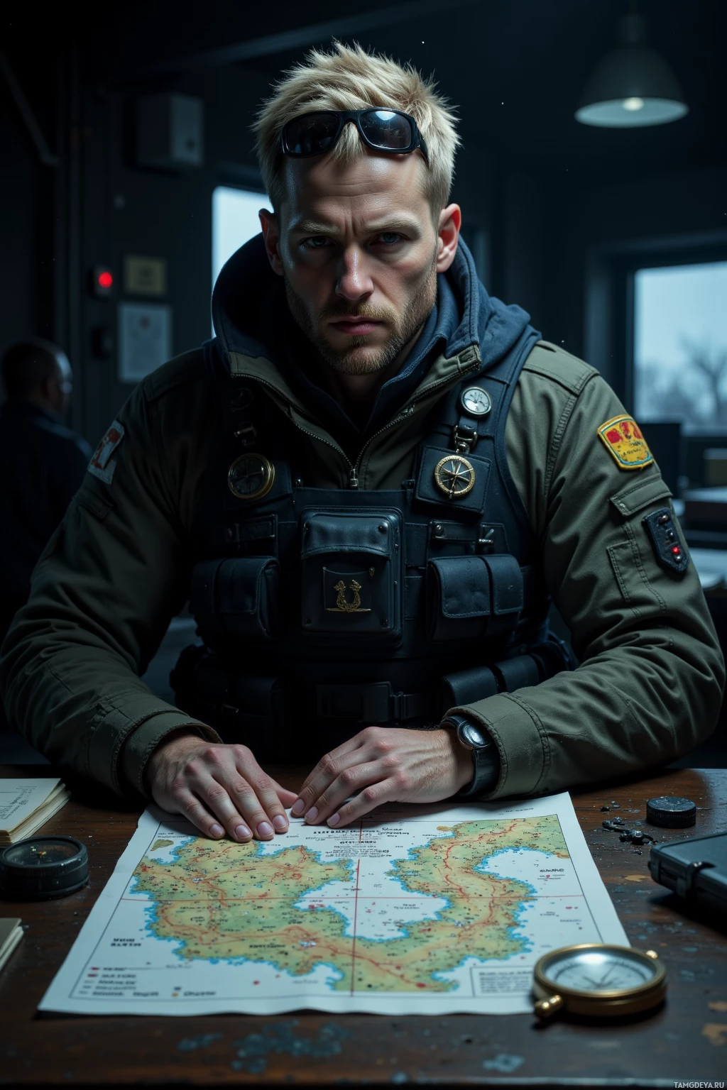 A man in tactical gear sits at a desk with a map and compass, appearing focused.