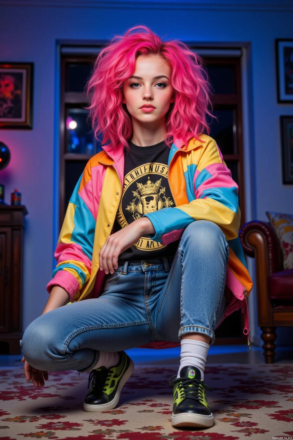 A person with vibrant pink hair poses in a colorful, retro-style outfit with a multicolored jacket and jeans.