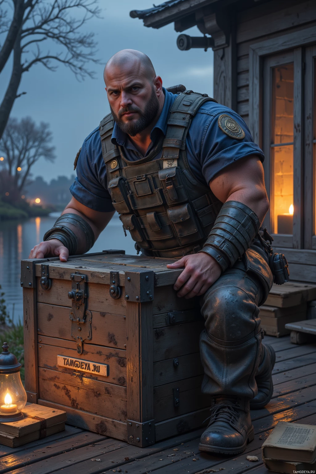 A man in tactical gear kneels beside a wooden chest on a wooden deck.