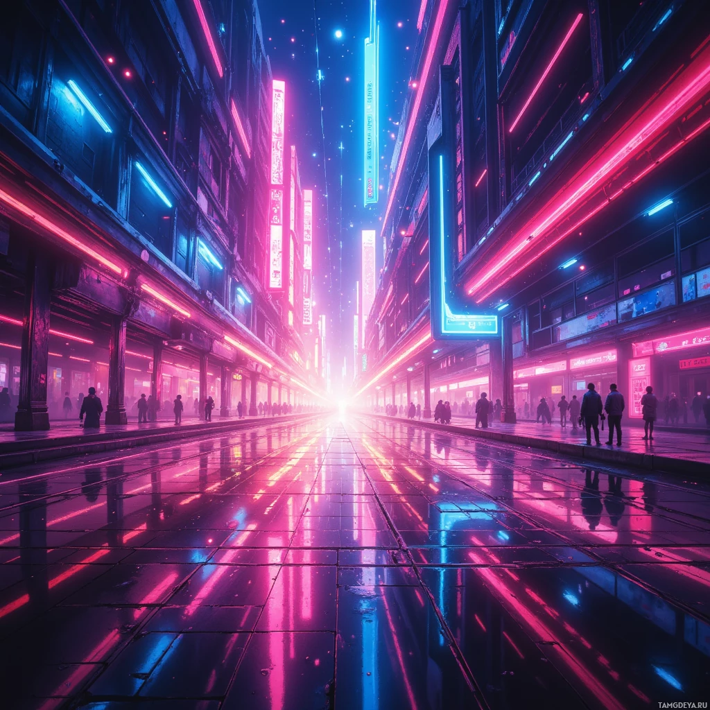 A vibrant, neon-lit street scene with reflective wet pavement and people walking.