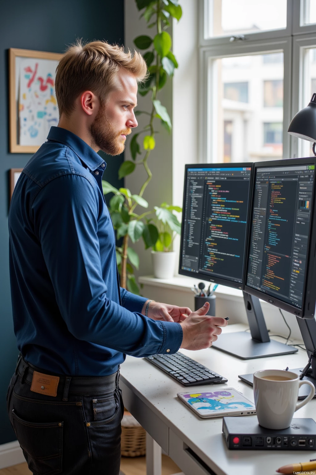 A person stands at a desk, working on a computer with dual monitors displaying code.