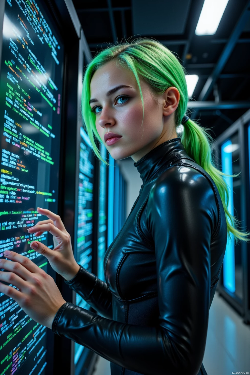 A person in a black leather outfit stands in front of a screen displaying code.