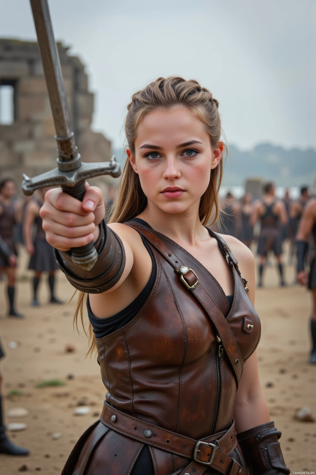 A woman in a leather armor holds a sword forward, with a group of people in the background.