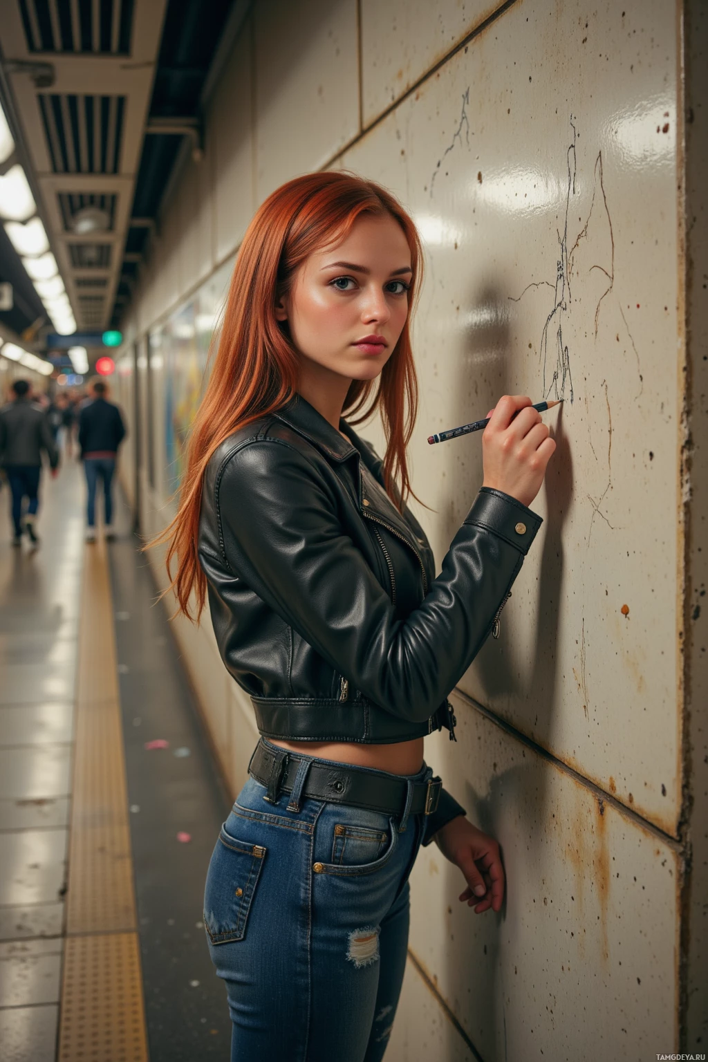 A woman in a leather jacket and jeans stands in a subway station, holding a marker.