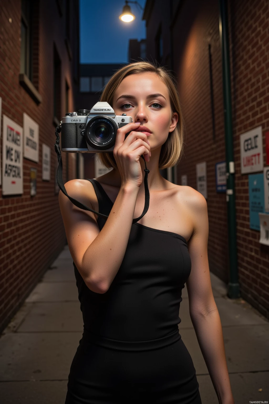 A person in a black dress holding a camera in an alleyway at dusk.