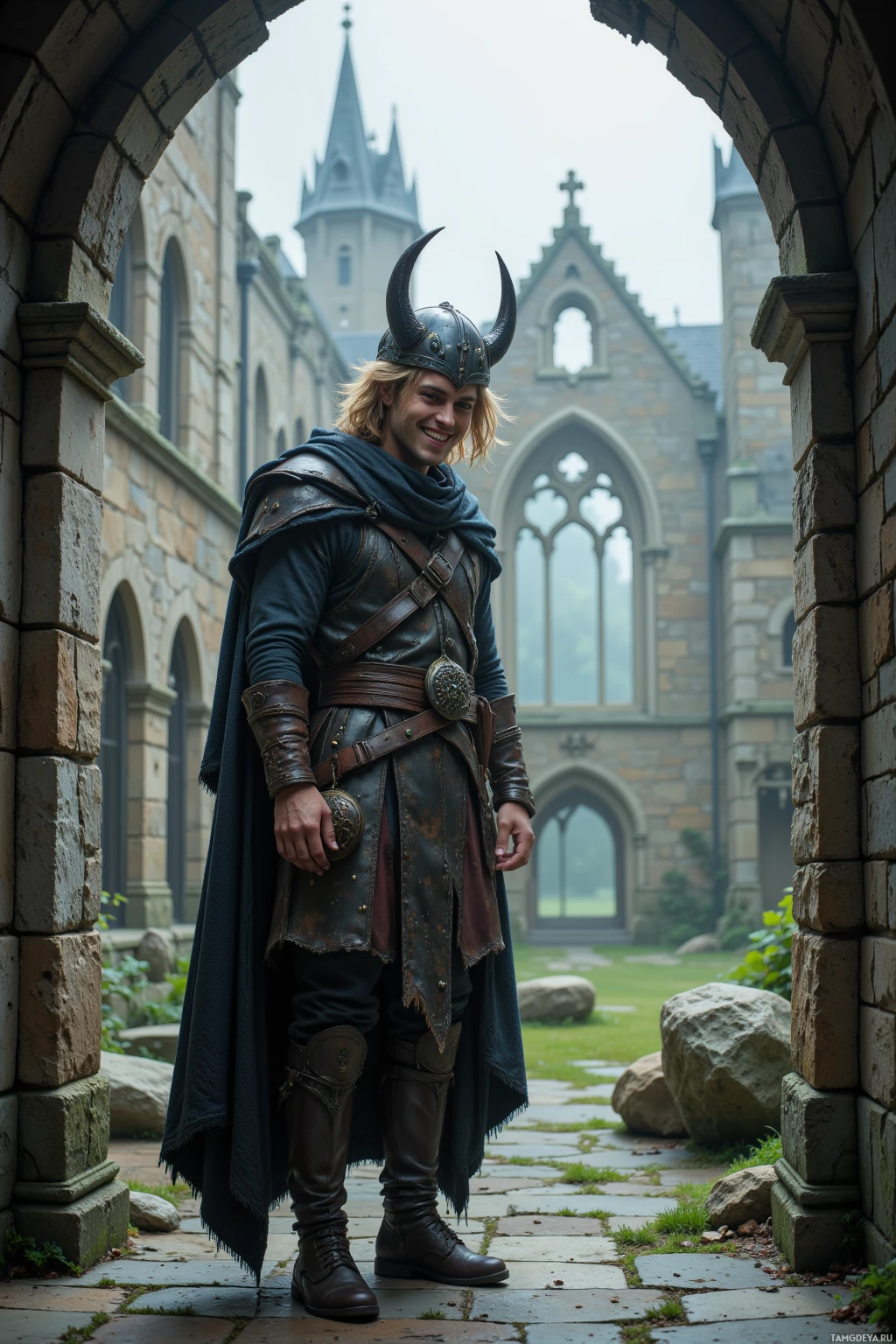A person in medieval attire stands in front of a stone archway with a church in the background.