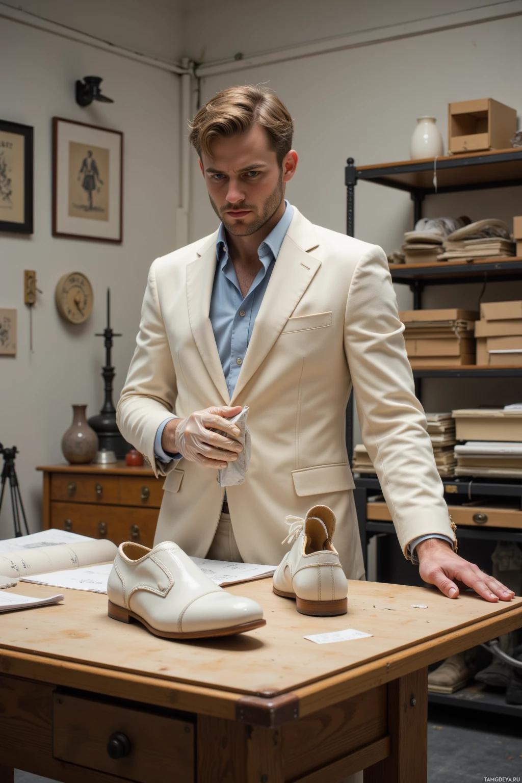 A man in a cream suit polishes white shoes in a workshop setting.