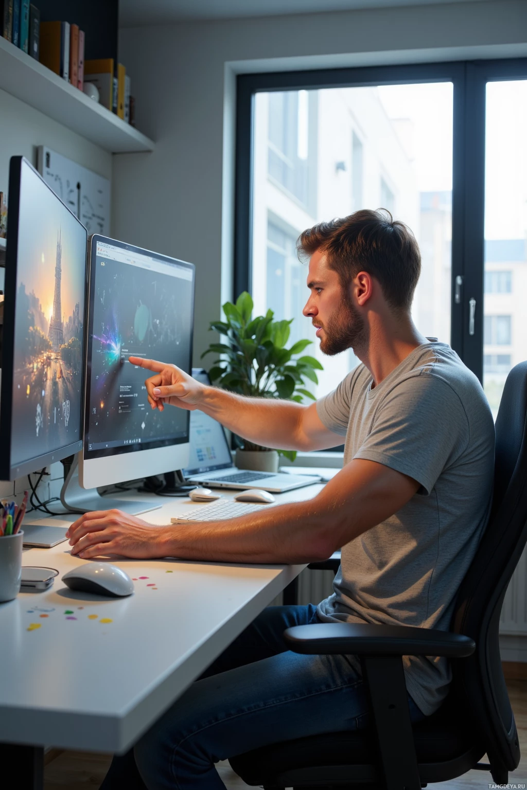 A man is working at a desk with two computer monitors, pointing at the screen.