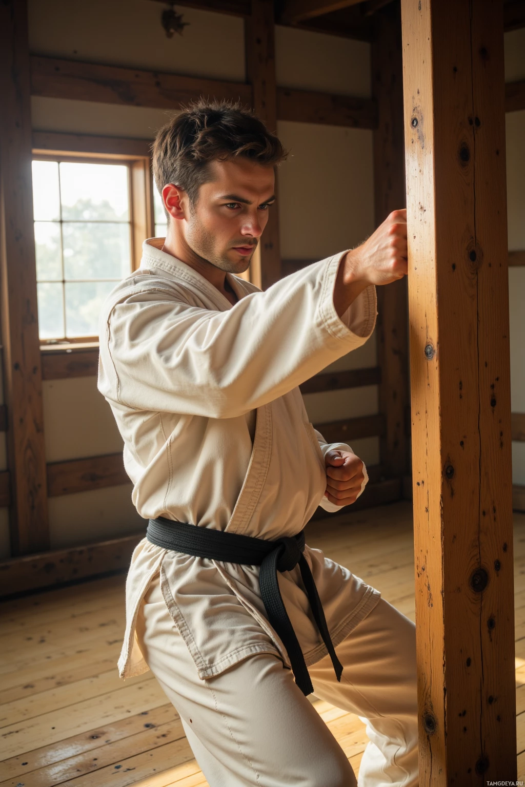 A man in a karate uniform practicing a stance indoors.