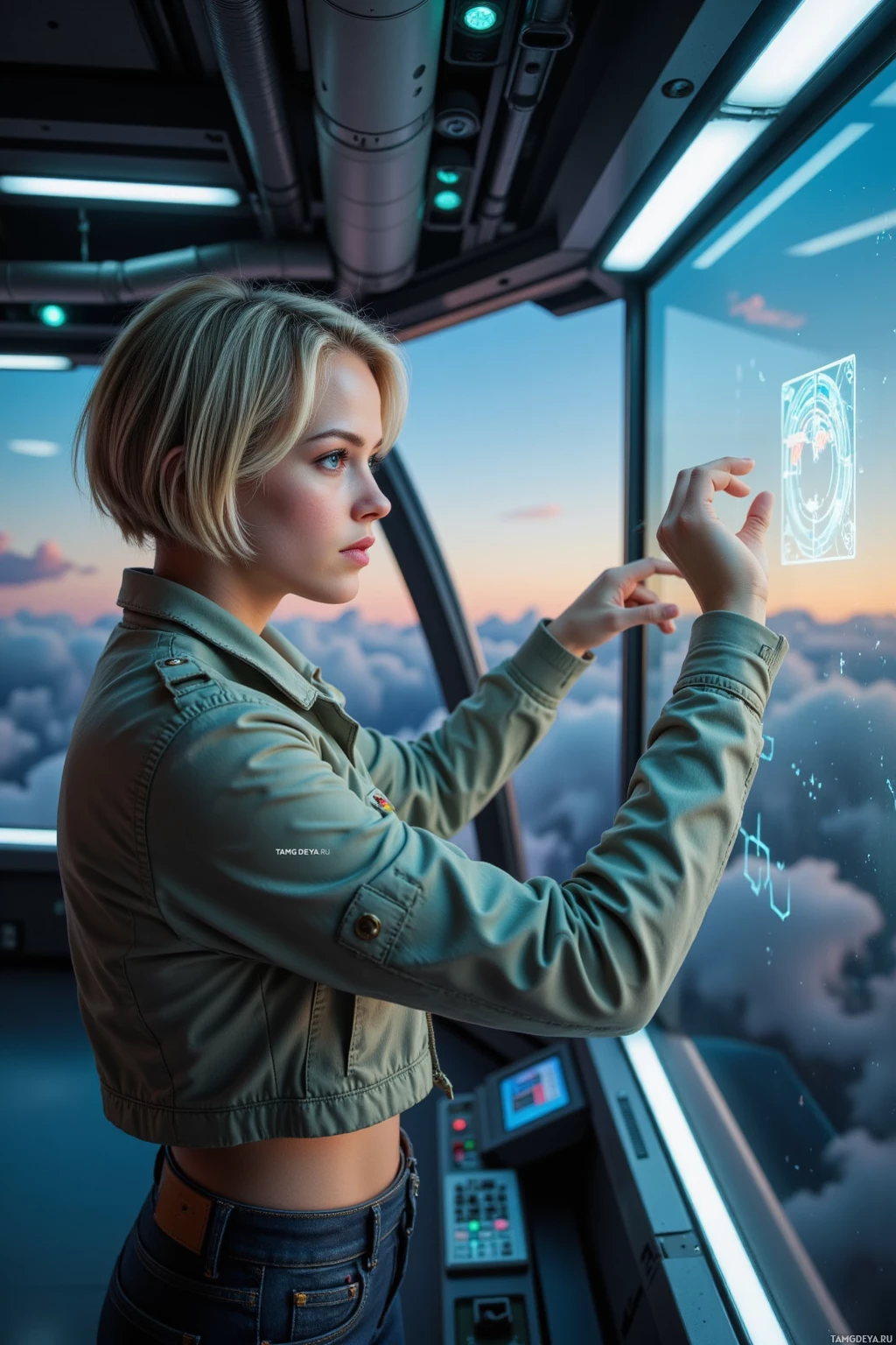 A person in a futuristic setting interacts with a holographic interface.