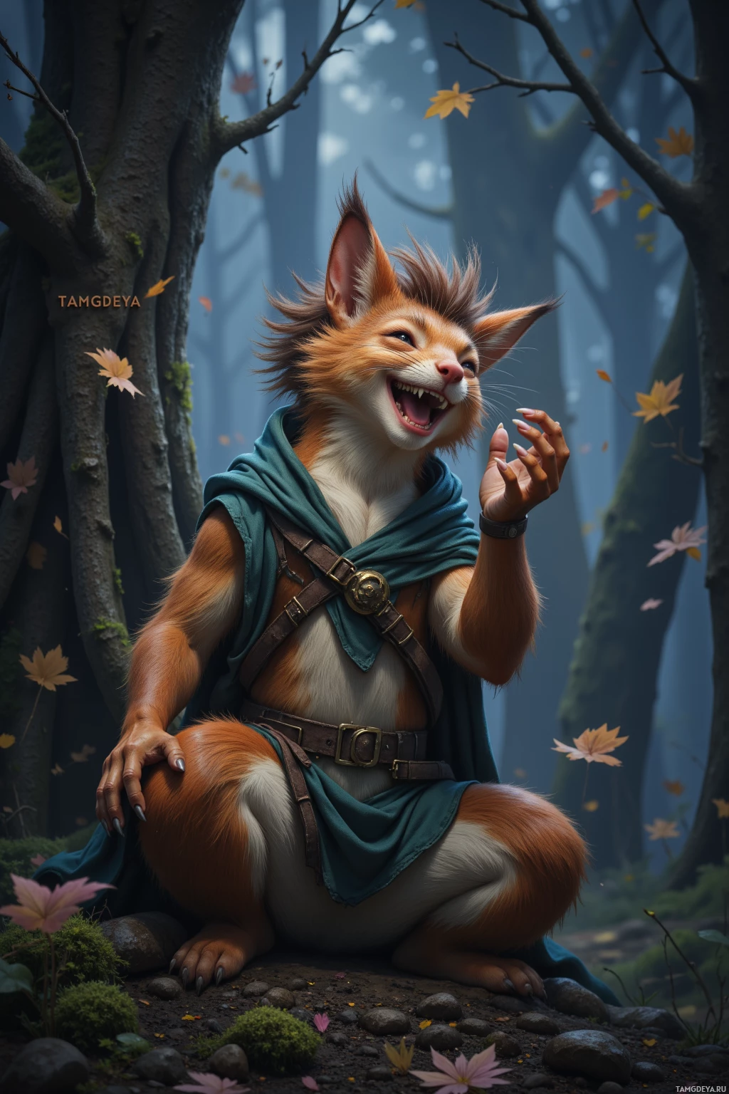 A cheerful anthropomorphic fox character in a forest setting, wearing a blue cloak and leather belt, with autumn leaves falling around.