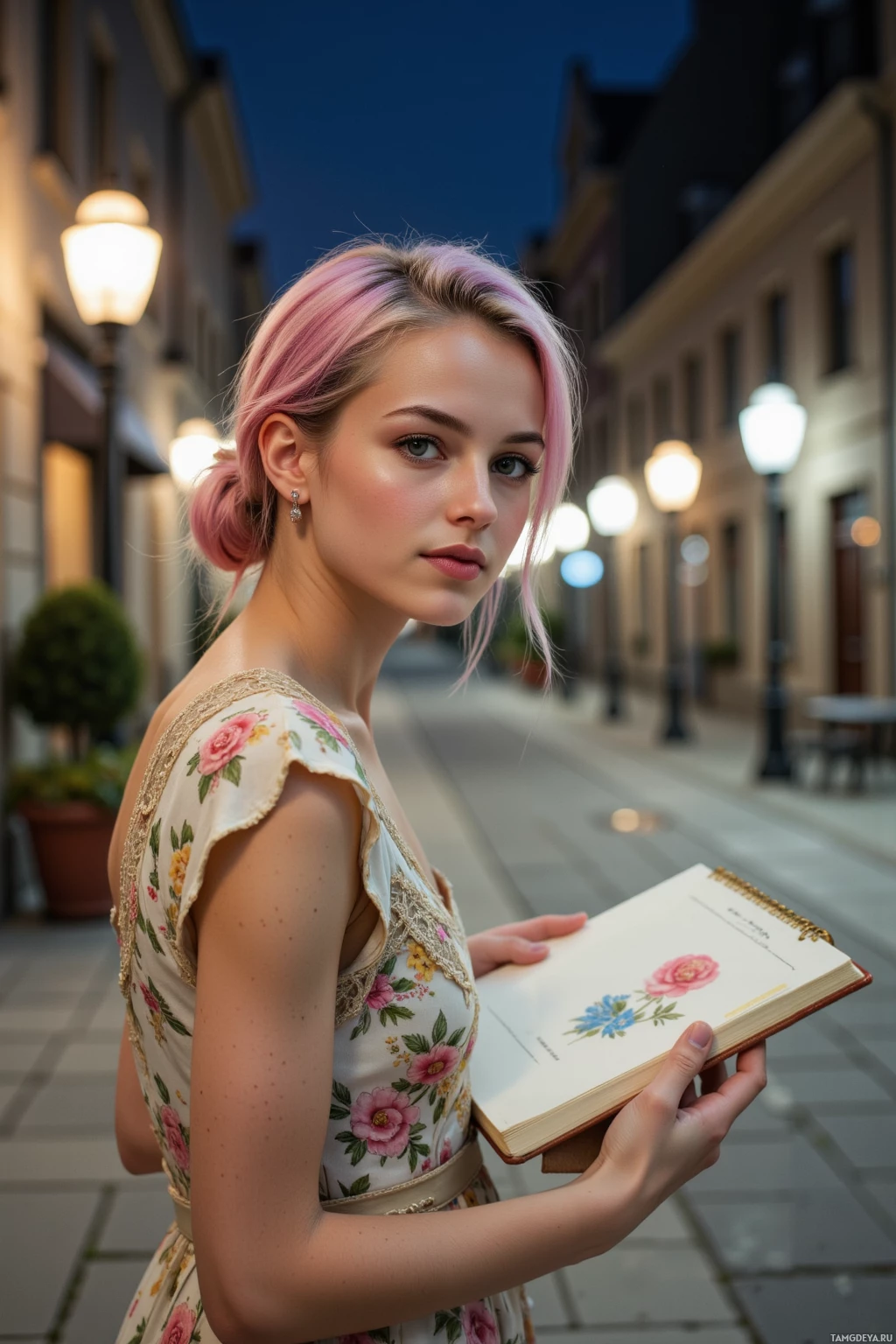 A woman with pink hair in a floral dress holds an open book on a street at dusk.