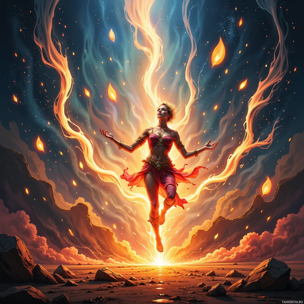 A woman in a flowing dress dances amidst swirling flames and a dramatic sky.
