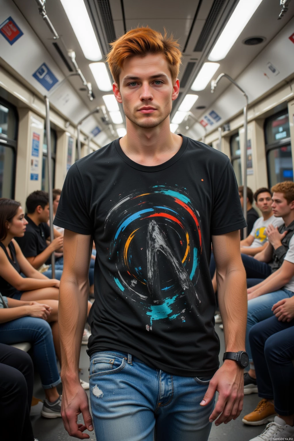 A man in a subway car wearing a black t-shirt with a colorful abstract design and blue jeans.