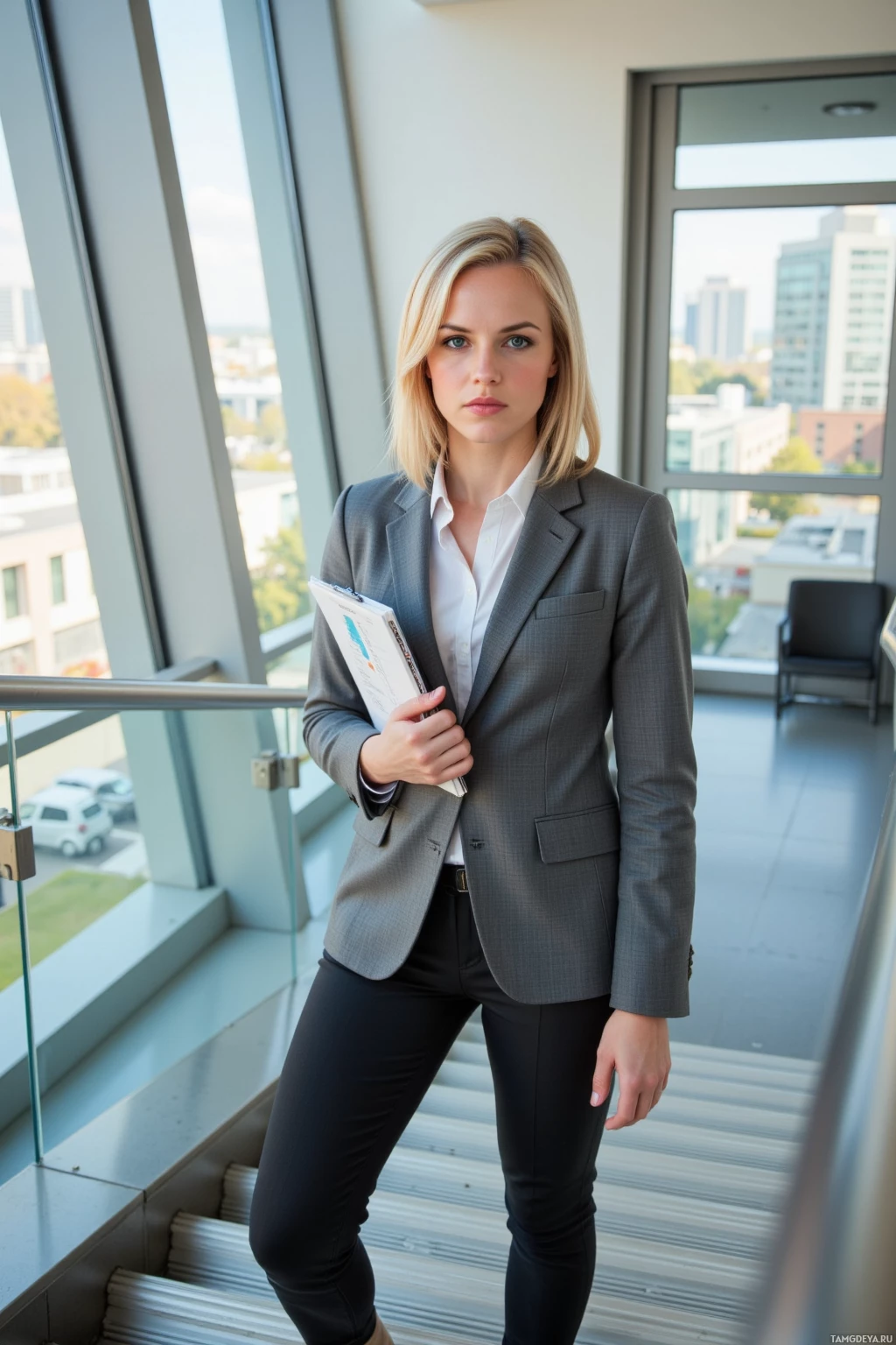A woman in a professional suit stands on a staircase holding a folder, with a cityscape visible through large windows behind her.