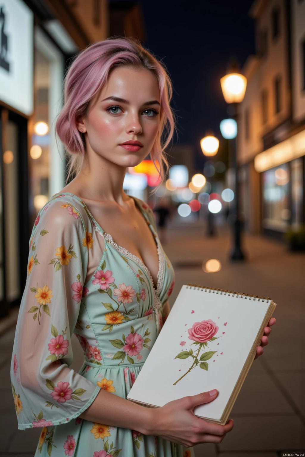 A woman in a floral dress holds a notebook with a rose illustration, standing on a street at night.