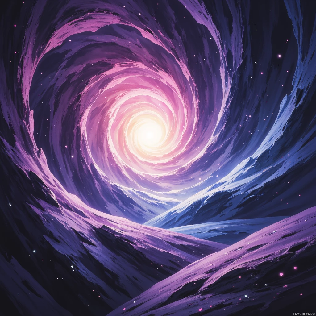 A swirling cosmic vortex with vibrant purple and pink hues and a bright light at the center.