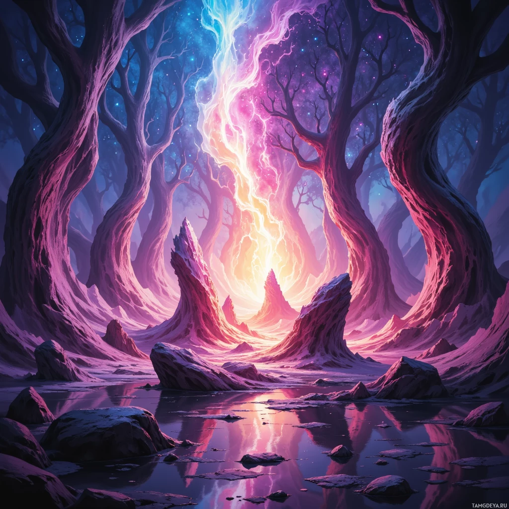 A mystical, ethereal landscape featuring glowing trees, a vibrant sky, and a reflective body of water.