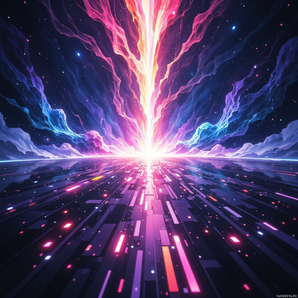 A vibrant, futuristic landscape with glowing lines and a bright light source at the horizon.