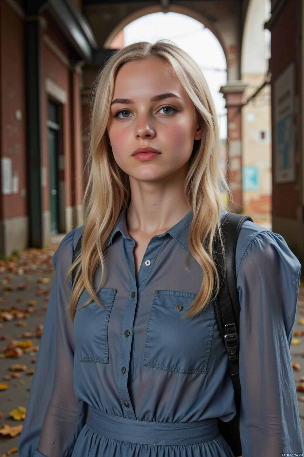 A young woman with blonde hair stands in an outdoor corridor, wearing a blue shirt and carrying a backpack.
