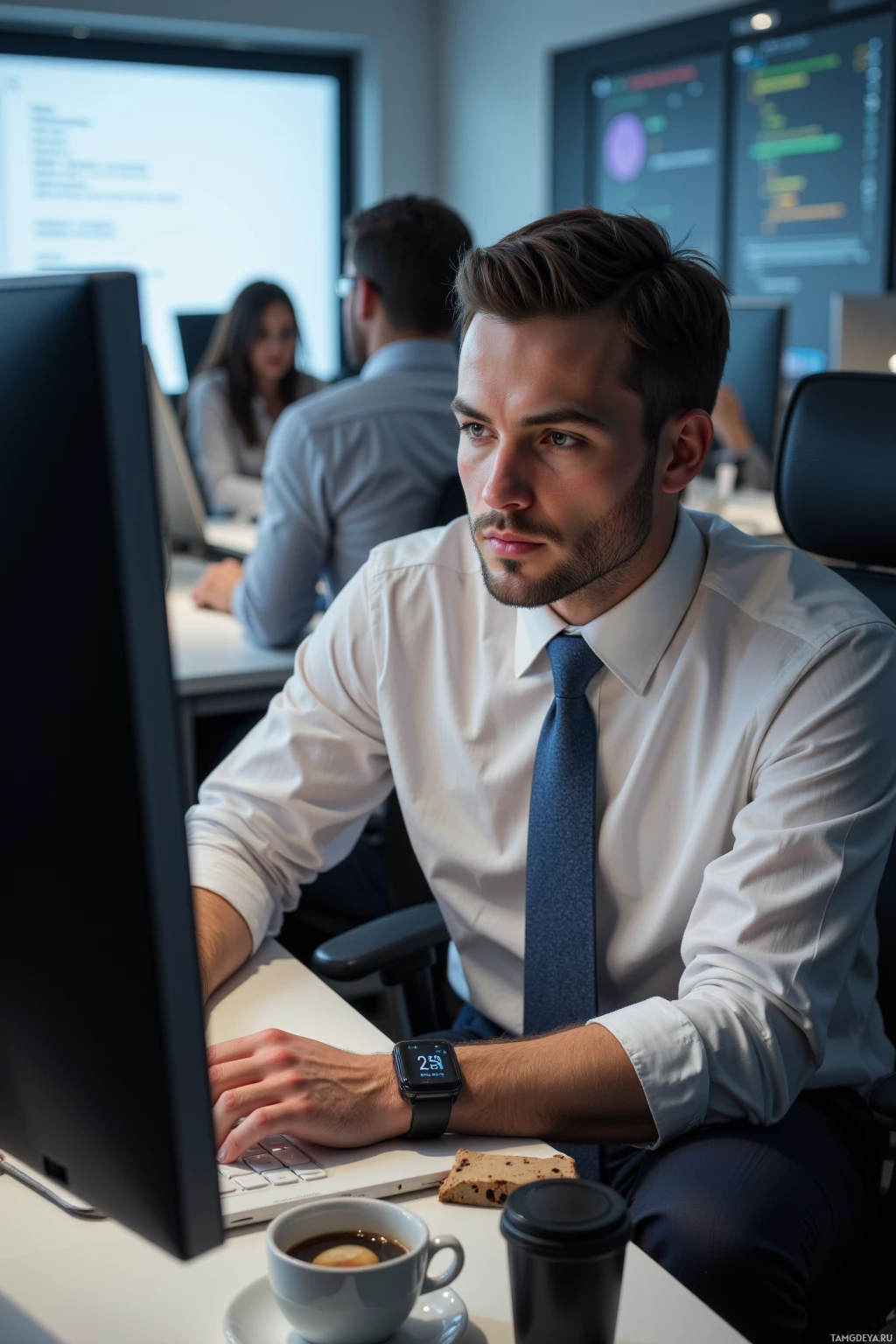 A man in a white shirt and tie works at a computer in an office setting.