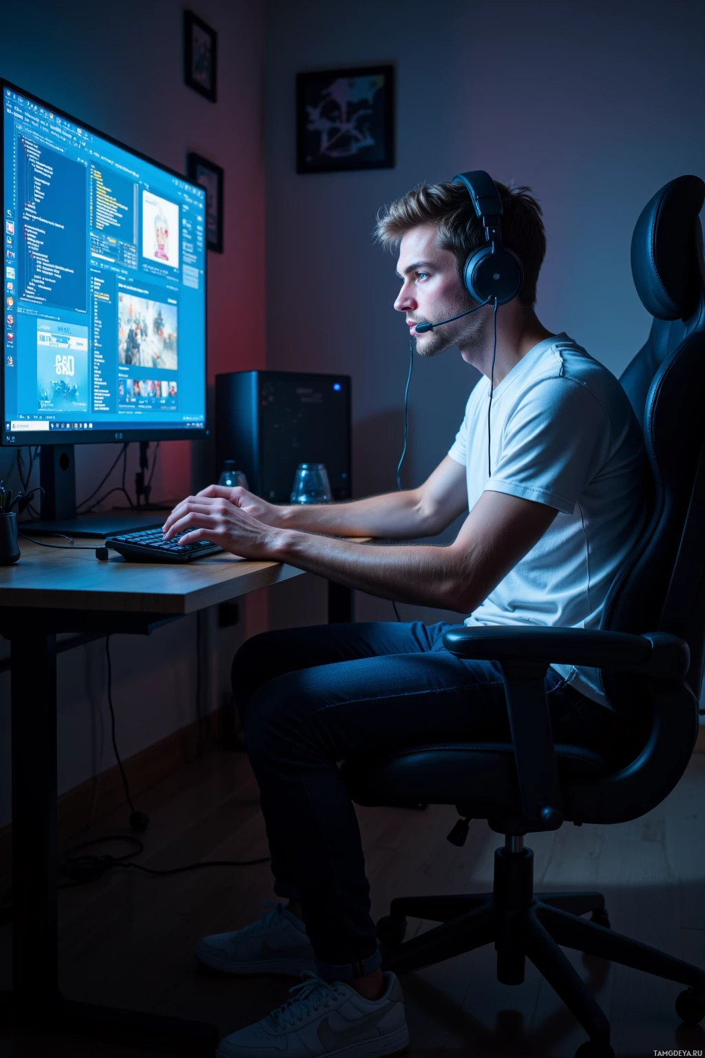 A person wearing headphones sits at a desk, working on a computer.
