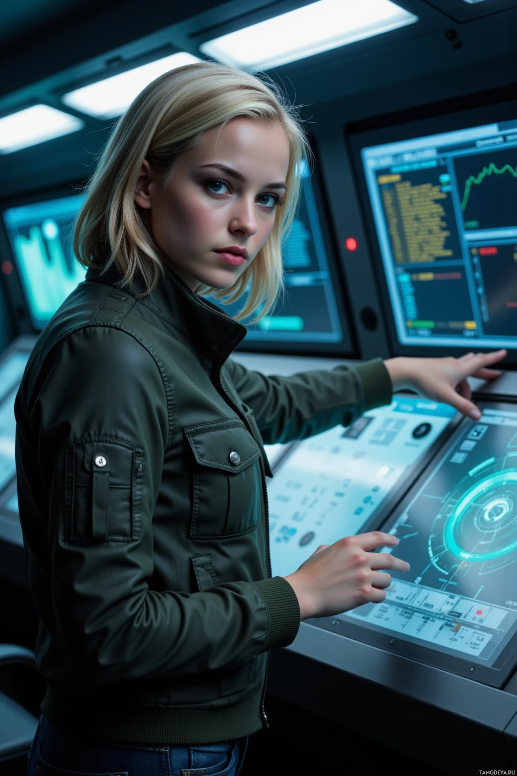 A person in a green jacket interacts with a futuristic control panel.