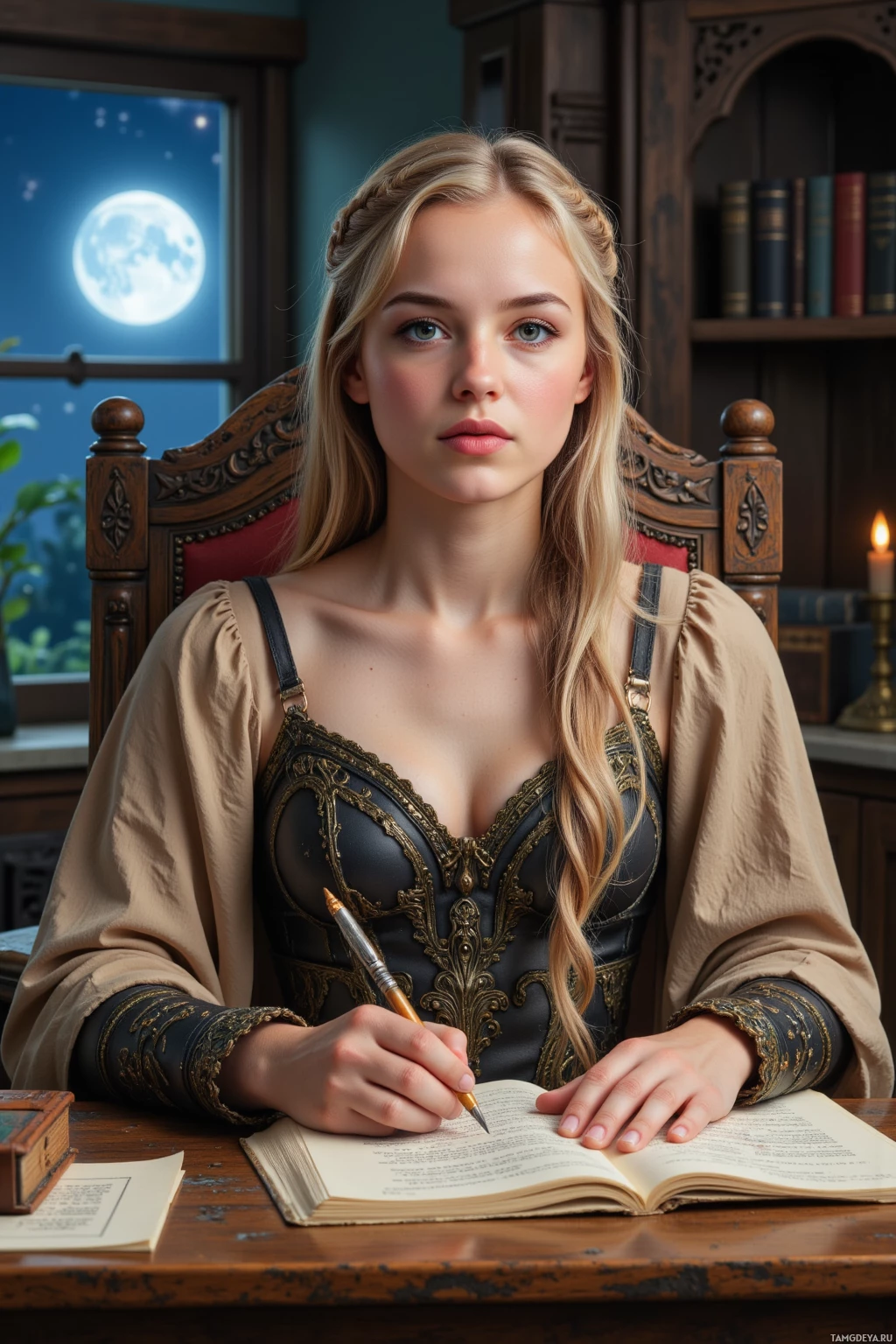 A woman in historical attire sits at a desk, writing in a book.