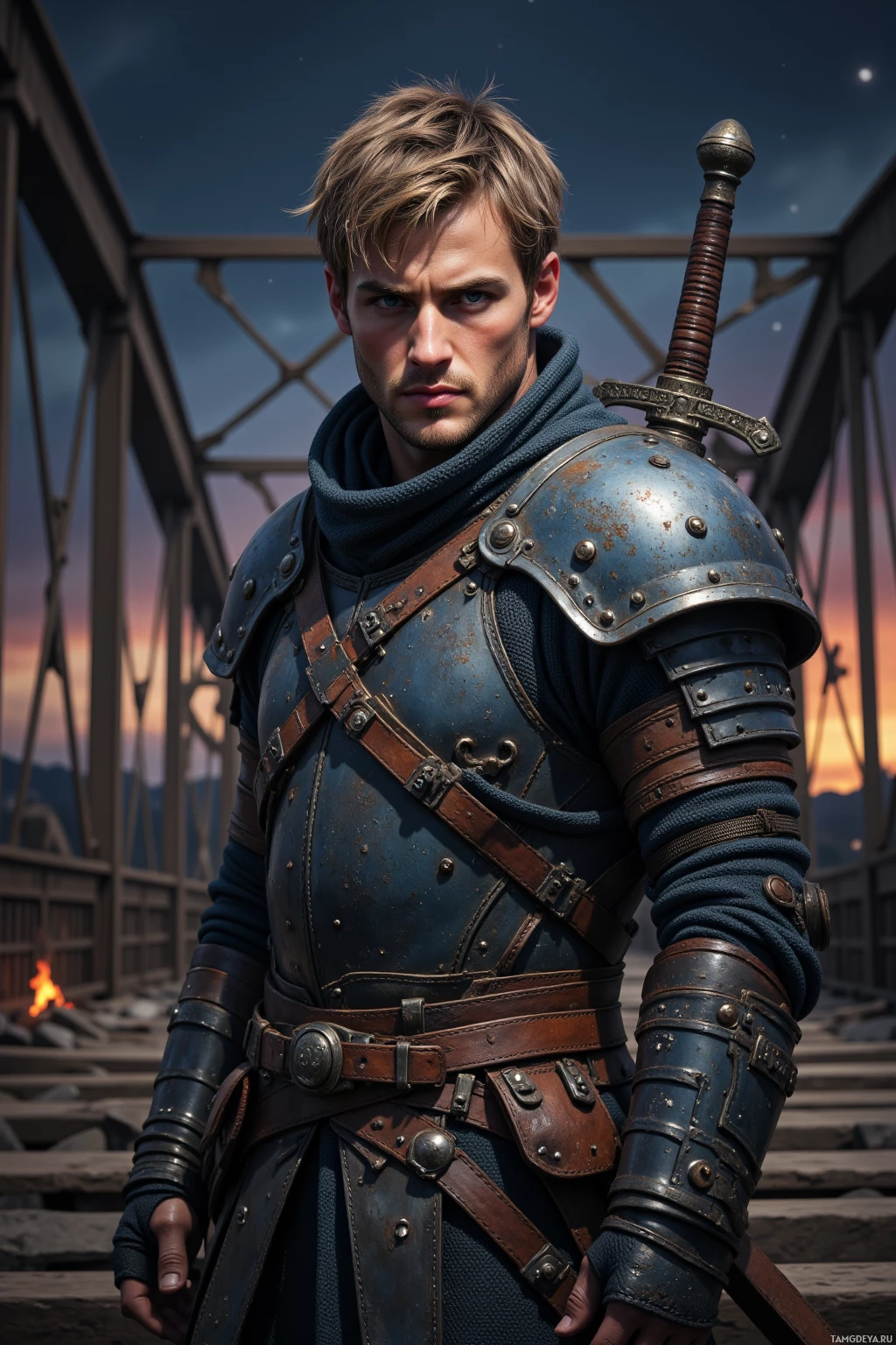 A knight in blue armor stands on a bridge at dusk.