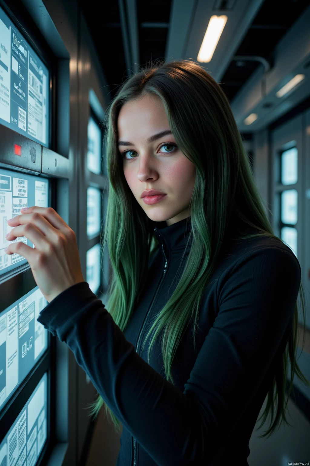 A person with long, green-tinted hair stands in a modern, dimly lit hallway, interacting with a control panel.