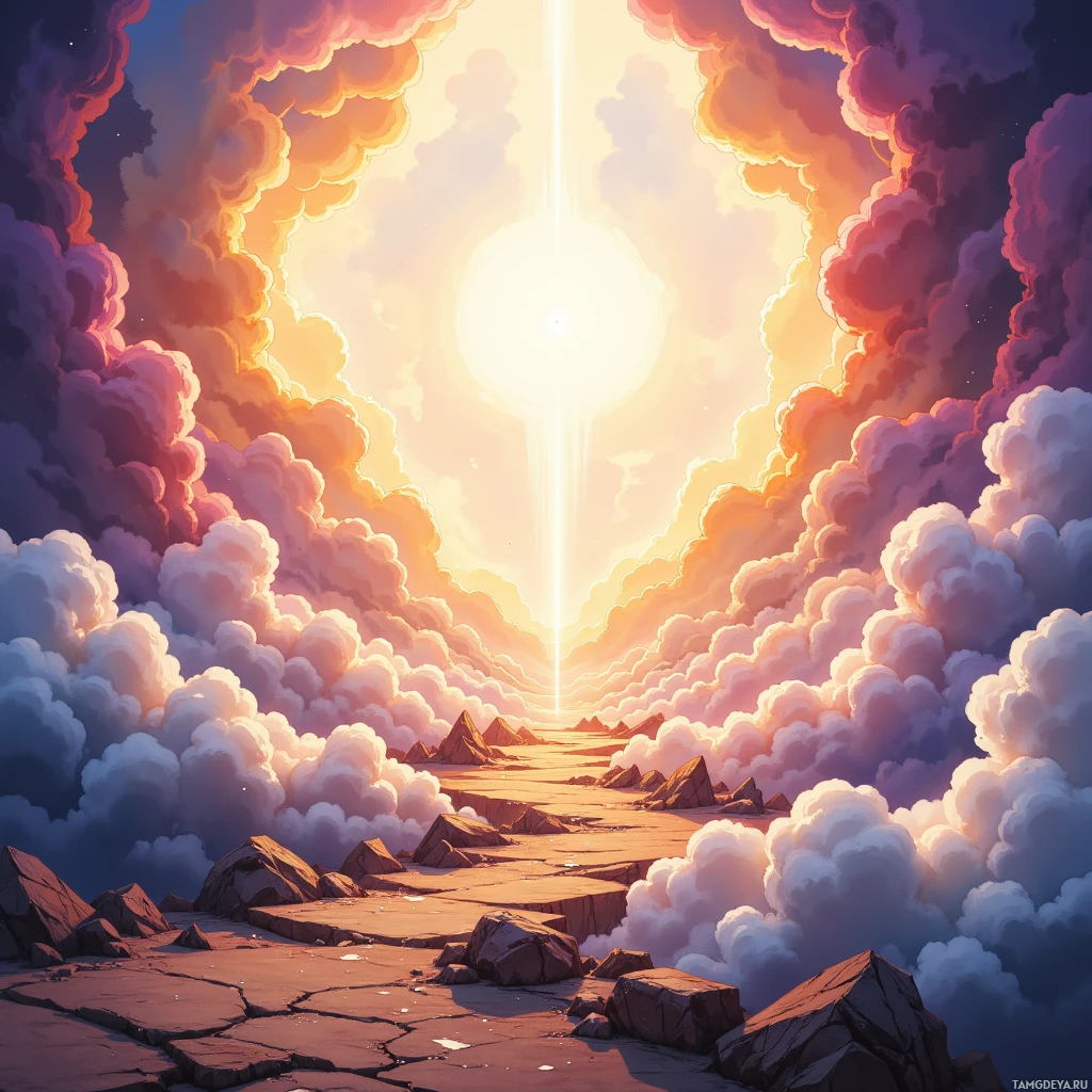 A vibrant sky with clouds and a bright light source creating a tunnel effect over a rocky landscape.
