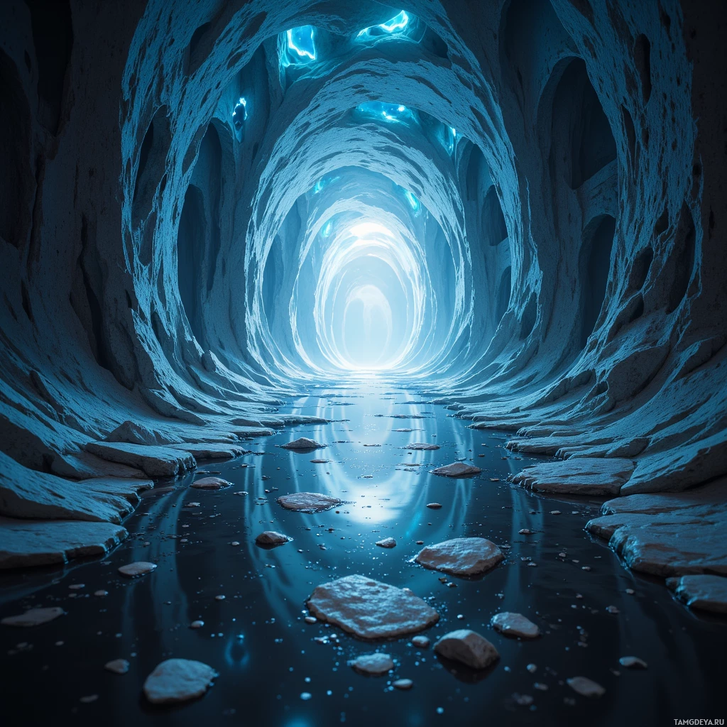 A serene, icy cave with glowing blue light at the end.