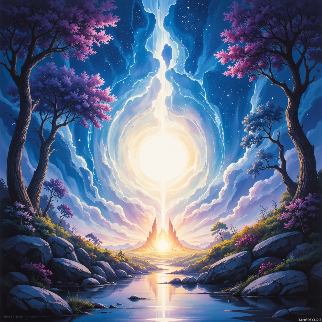 A serene landscape with a glowing portal in the sky, surrounded by trees and a river.