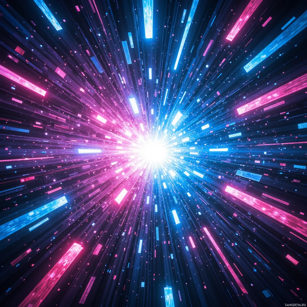 A vibrant, abstract image featuring streaks of light in blue and pink radiating outward from a central bright light source.