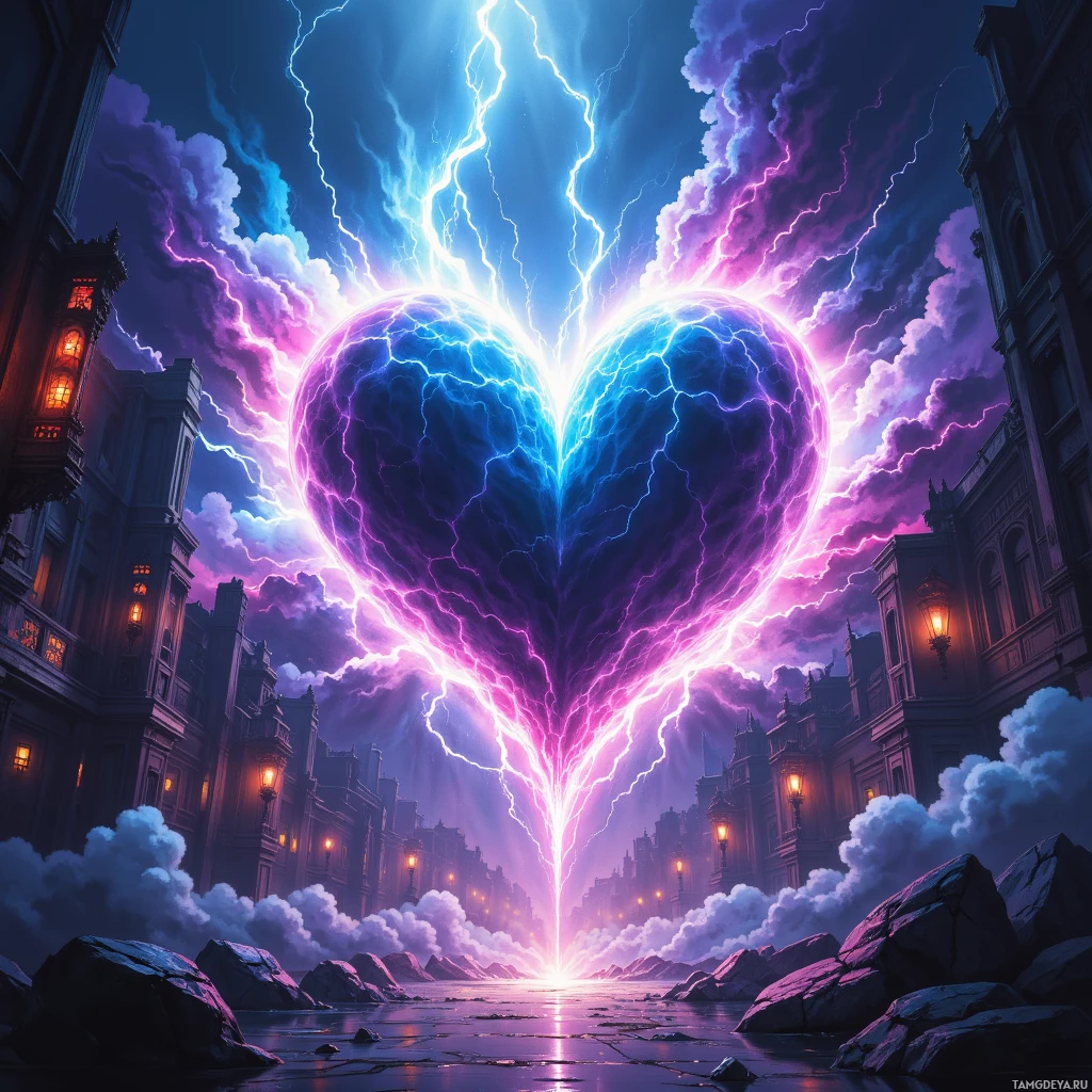 A vibrant, fantastical scene featuring a glowing heart-shaped portal surrounded by lightning and dramatic clouds, leading to a cityscape.