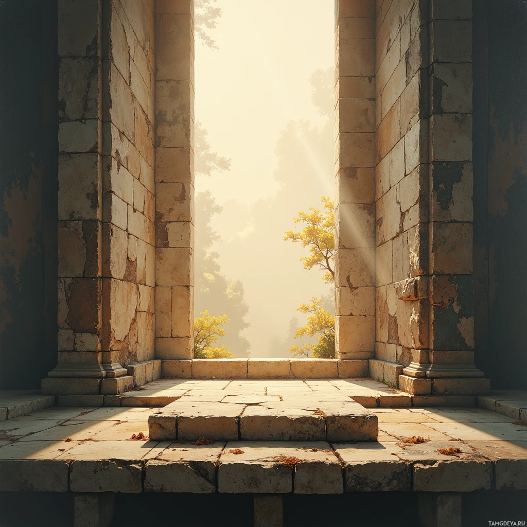 A serene view of a sunlit forest framed by ancient stone columns.