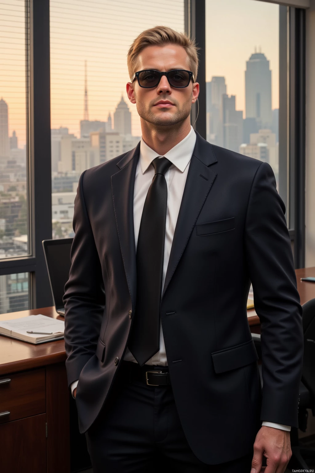 A man in a formal suit stands in an office with a cityscape view.