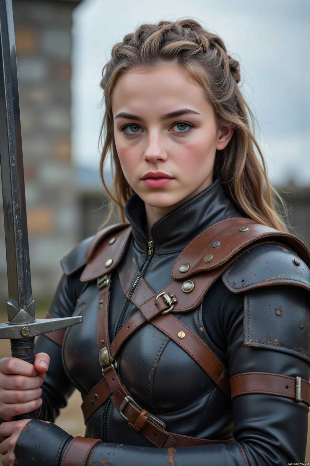 A person in a leather armor outfit holding a sword.