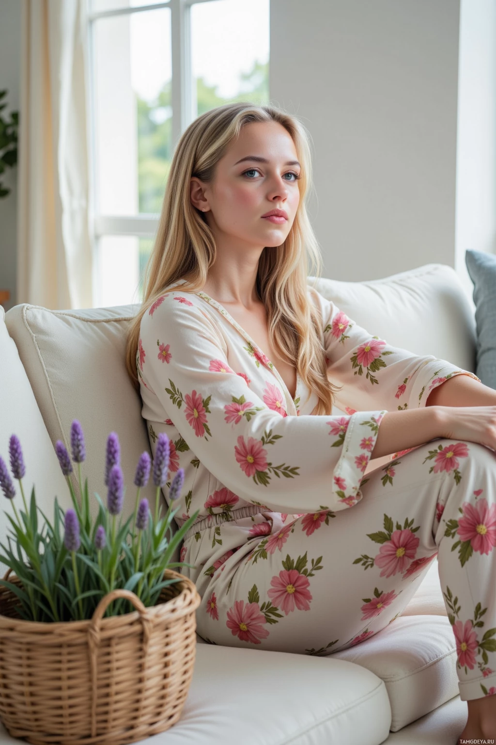 A woman in a floral dress sits on a white couch near a basket of lavender.