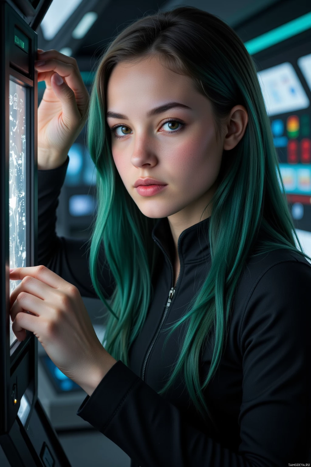 A person with green hair is interacting with a futuristic interface.
