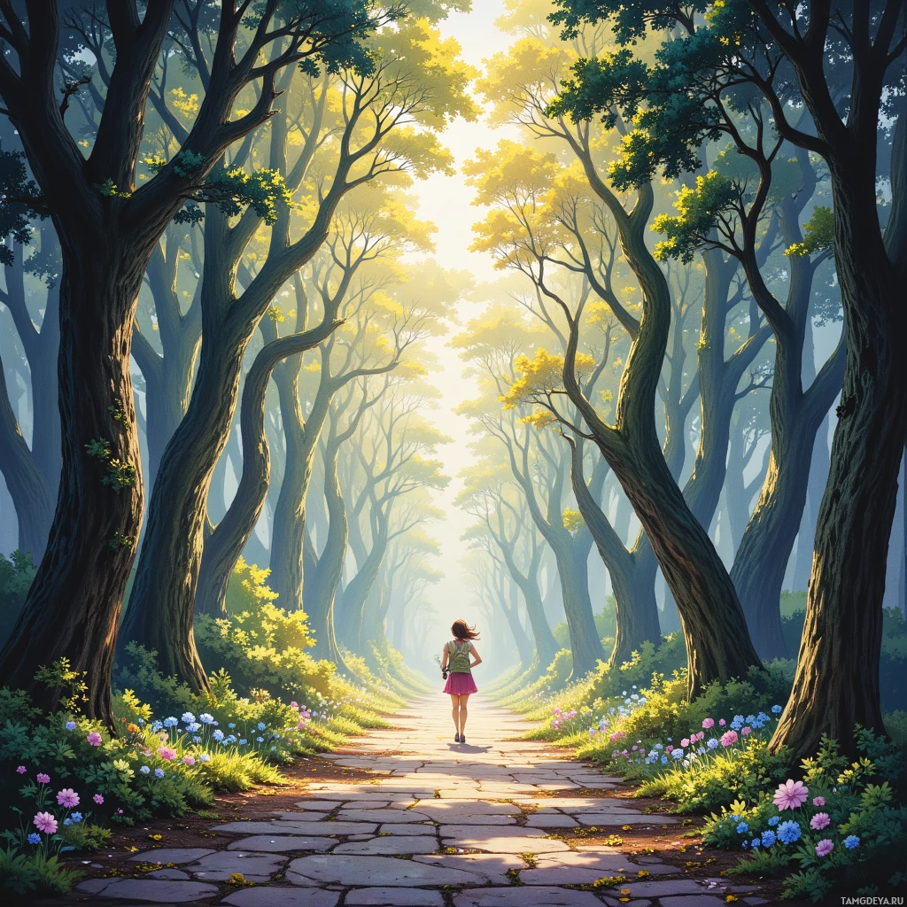 A serene forest path lined with tall trees and vibrant flowers, leading towards a bright light at the end.