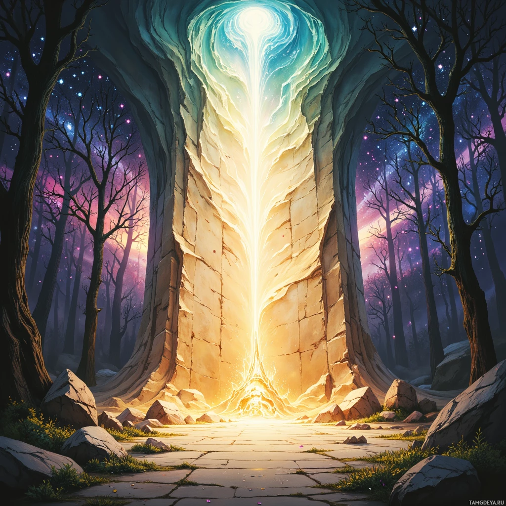 A mystical forest scene with a glowing portal leading to a starry sky.
