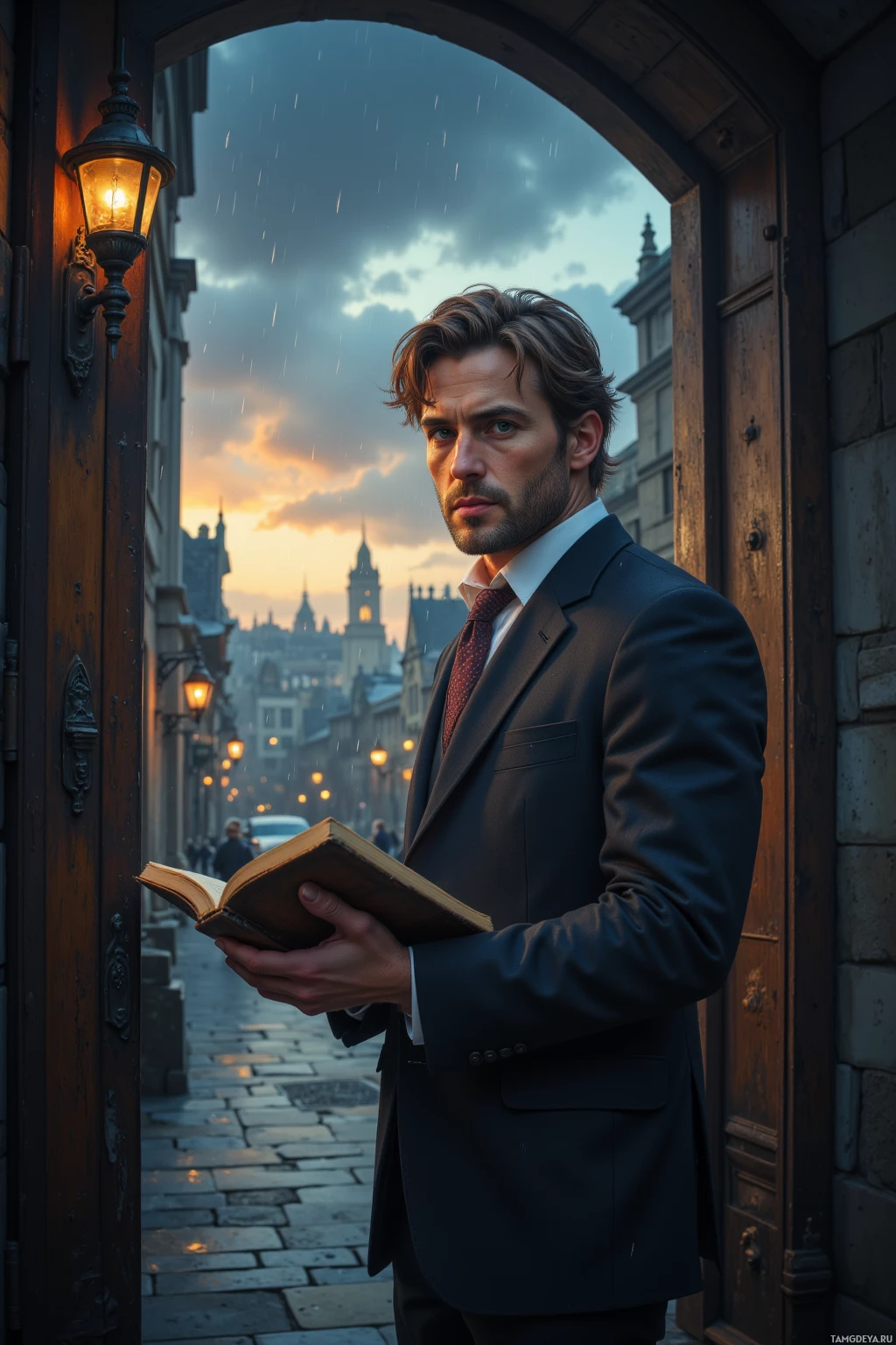 A man in a suit stands in an archway holding an open book, with a cityscape and evening sky in the background.