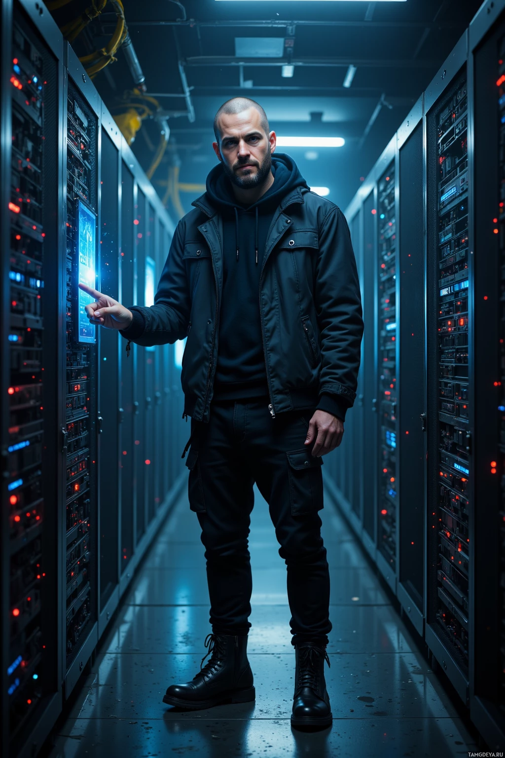 A man stands in a dimly lit server room, pointing towards a server.