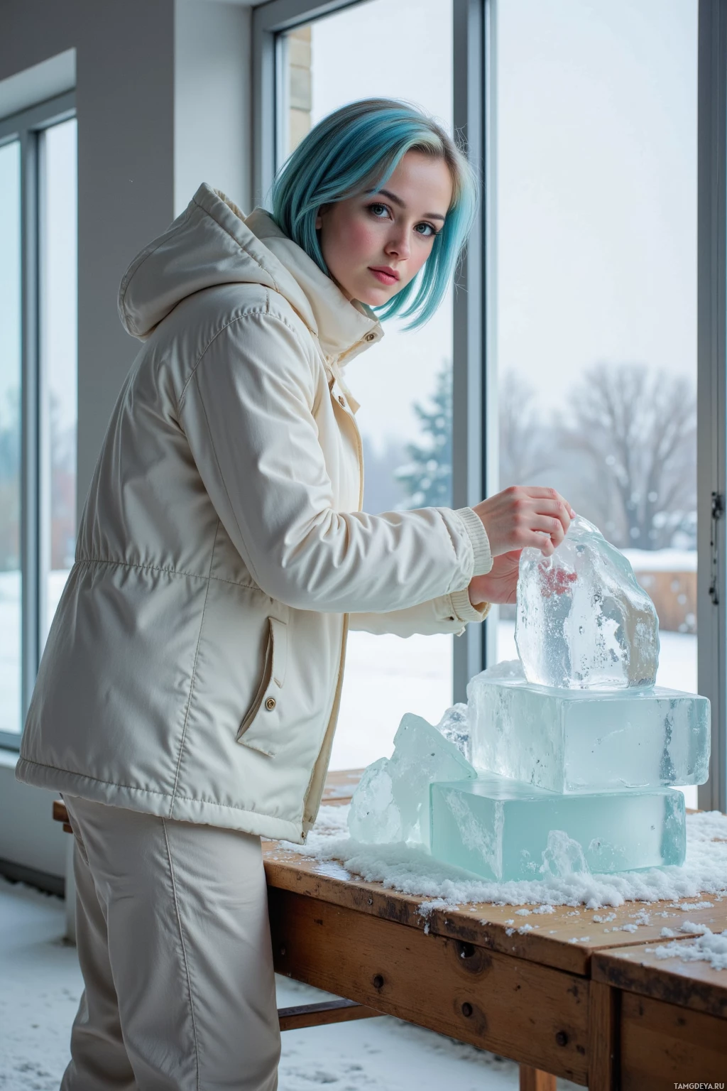 A person in a winter coat stands beside a wooden table with ice blocks, in a snowy outdoor setting.
