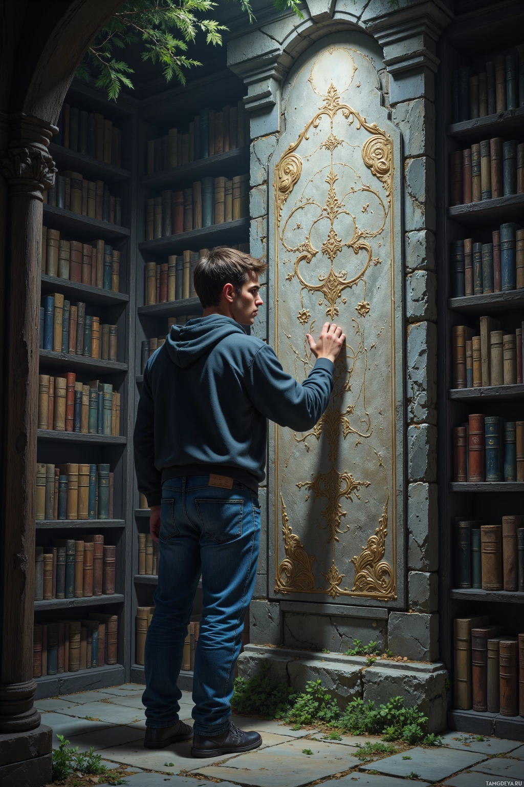 A person in casual attire stands in front of an ornate, stone wall with bookshelves, touching a decorative panel.