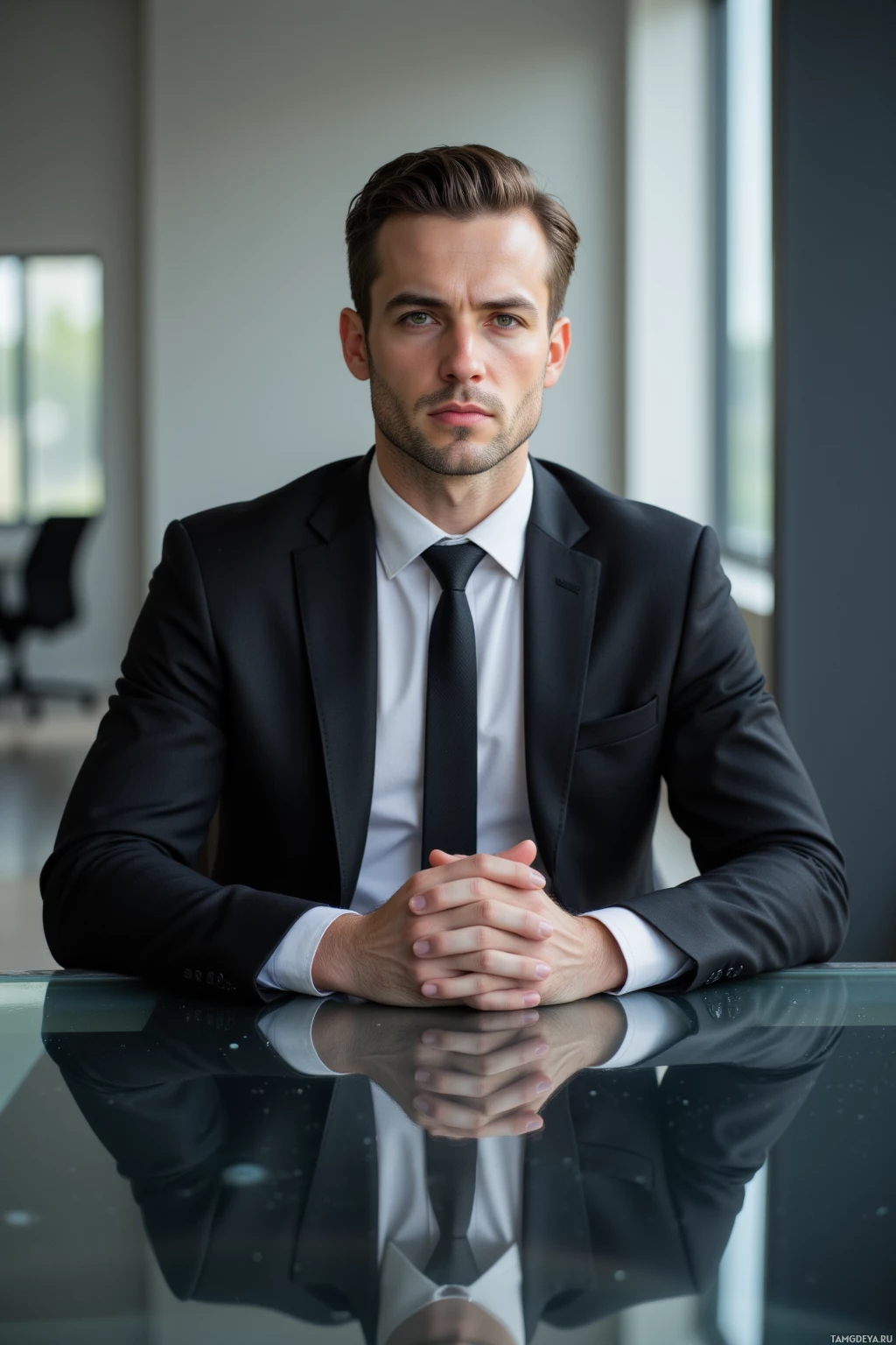A man in a suit sits at a table with his hands clasped, in a modern office setting.